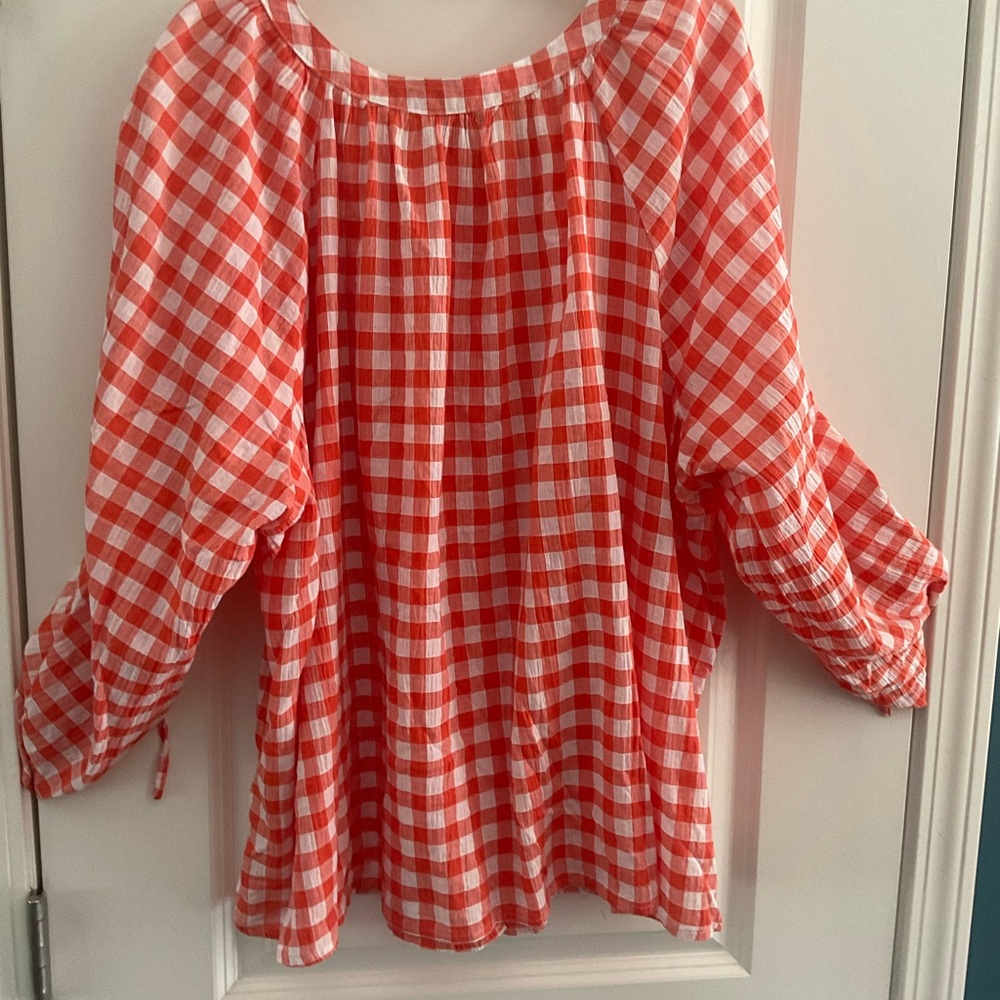 Softer orange gingham button down top 3/4 sleeves, loose fit, sz 18, new